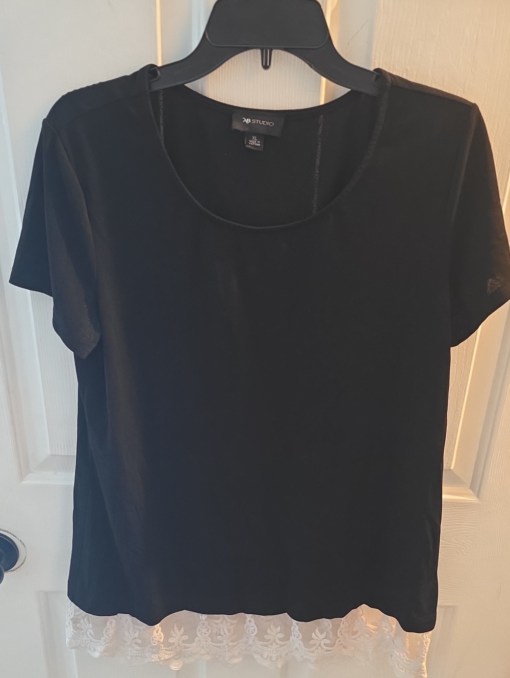 AB Studio Black Short Sleeve Top with White Lace Trim